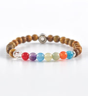 bracelet, green sandalwood, red agate, orange agate, yellow jade, amazonite, aquamarine, blue apatite, amethyst, clear quartz